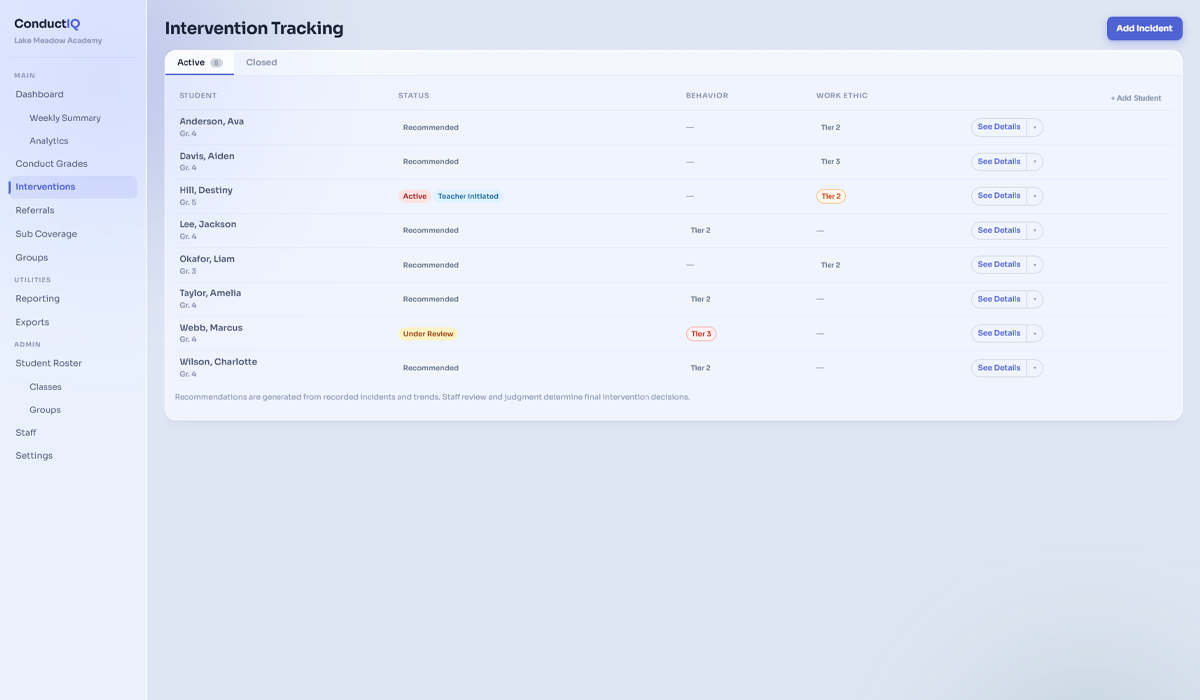 ConductIQ intervention list showing student tier badges and risk status